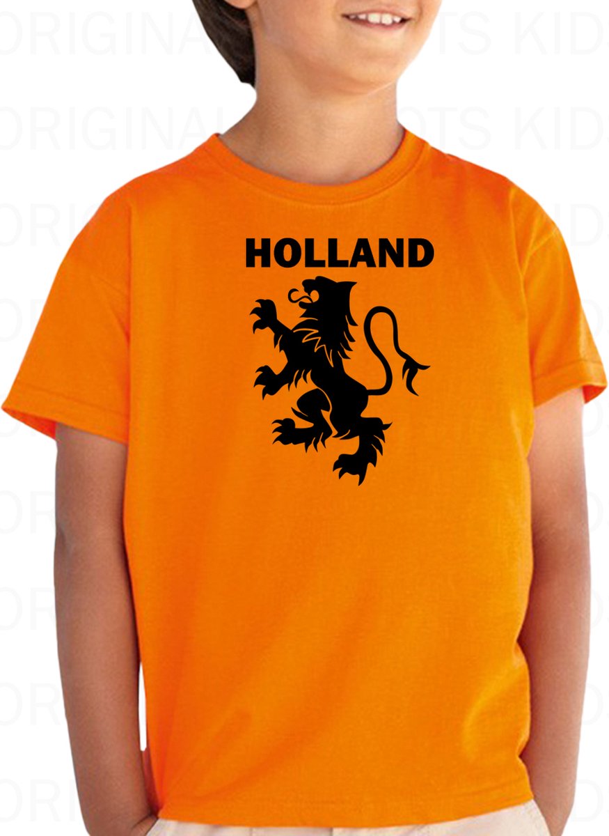 HOLLAND uniseks kids T-shirt - Oranje met zwart - Maat 104 - Korte mouwen - Ronde hals - Regular Fit | Normale pasvorm - Voor zowel jongens als meisjes - EK | WK - Nederlands Elftal - KNVB - Original Kwoots